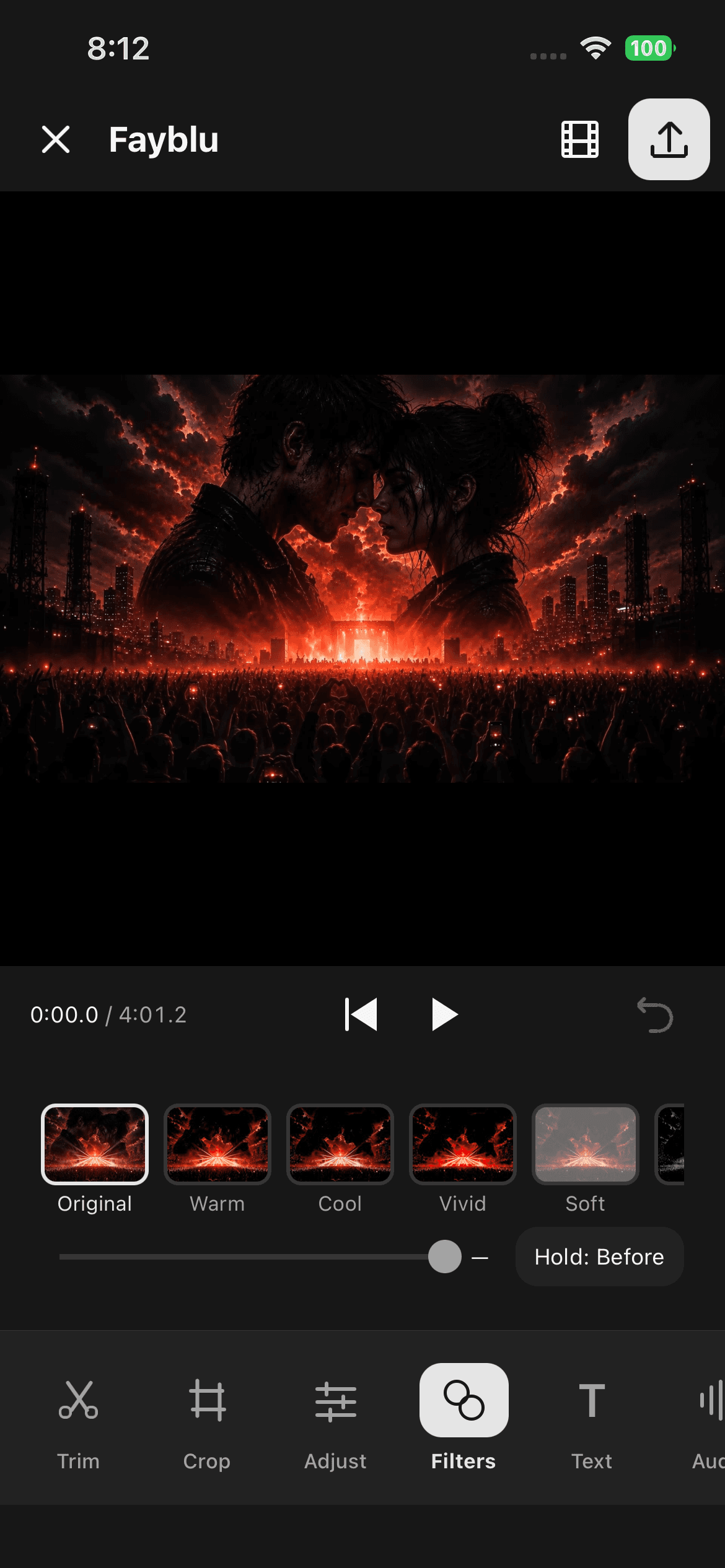 Fayblu editor: filter thumbnails, intensity and before comparison